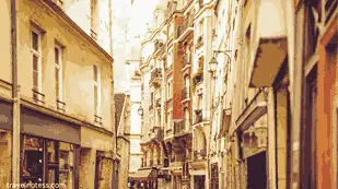 a street with buildings and a street light